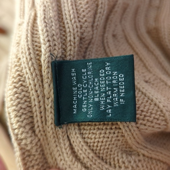 Lauren Ralph Lauren 100% Cotton Cable Knit Sweater Off Center Buttons Camel P/L - Picture 9 of 10